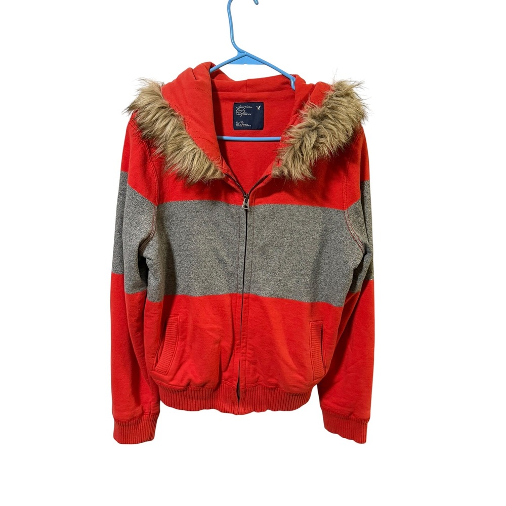 Y2K Vintage American Eagle Outfitters Size XL Red Gray Fur Trim Hooded Zip Up